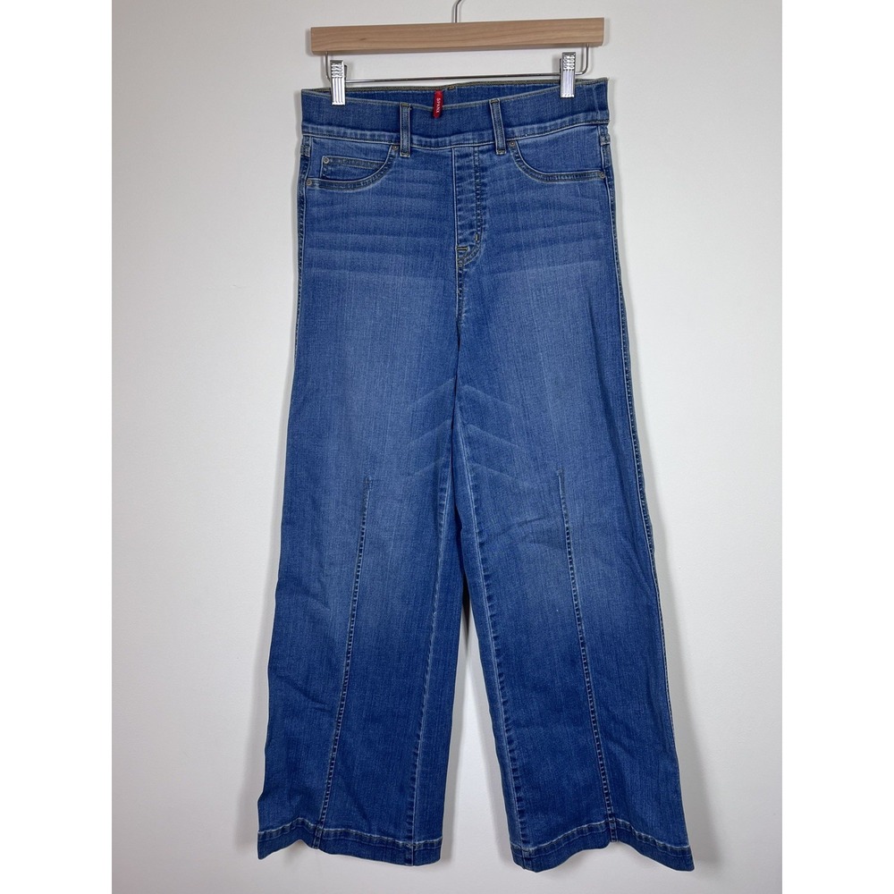 SPANX Womens M Blue Wide Leg Jeans High Rise Front Seam Shaping Denim